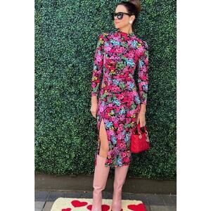 Future Collective Womens M Kahlana Multi Floral Ruched Mock Neck Midi Dress